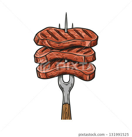 Grilled meat skewers stacked on fork illustration with wooden handle vector Grilled meat skewers stacked on fork illustration with wooden handle vector 131991525
