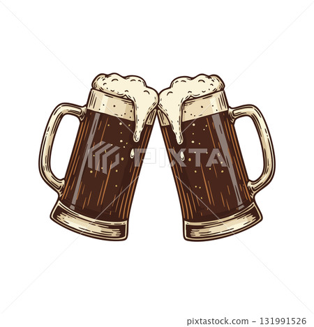 Two Clinking Beer Mugs with Foam Illustration for Celebration and Drinks Cheers Two Clinking Beer Mugs with Foam Illustration for Celebration and Drinks Cheers 131991526