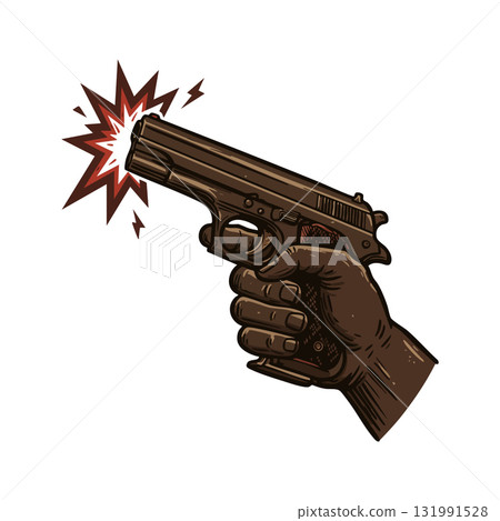 Hand holding firing pistol gun with muzzle flash and sparks vector illustration 131991528