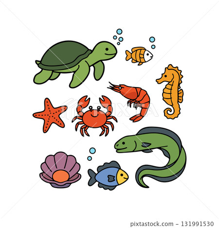 Sea Turtle Crab Shrimp Seahorse Starfish and Ocean Fish Vector Illustration in Colorful Style Sea Turtle Crab Shrimp Seahorse Starfish and Ocean Fish Vector Illustration in Colorful Style 131991530