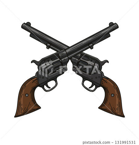 Crossed vintage revolver guns with wooden handles classic weapon vector illustration 131991531