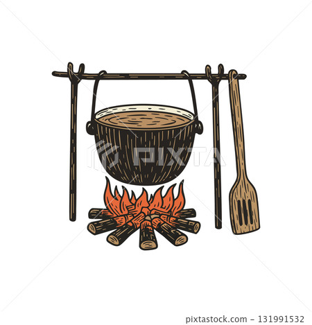 Rustic campfire cooking pot hanging over fire with wooden paddle illustration vector Rustic campfire cooking pot hanging over fire with wooden paddle illustration vector 131991532