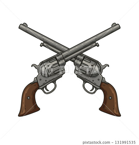 Crossed vintage revolver pistols with wooden handles vector illustration 131991535