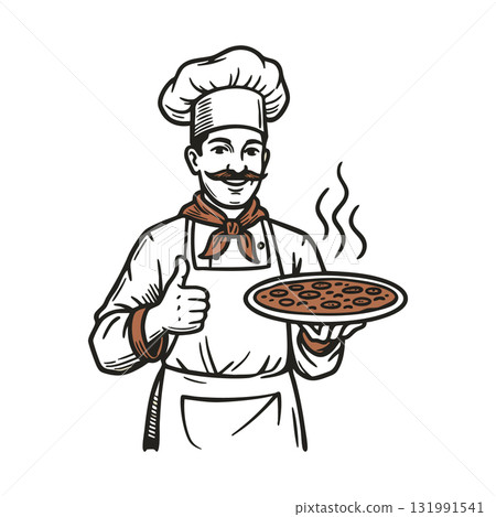 Chef presenting hot pizza with thumbs up gesture vector illustration in black and white style 131991541