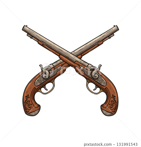 Crossed vintage pistols with wooden handles and metal barrels vector illustration Crossed vintage pistols with wooden handles and metal barrels vector illustration 131991543