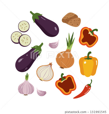 Eggplant onion garlic bell pepper chili vegetable assortment colorful vector illustration 131991545