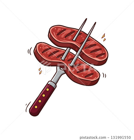 Grilled steak pieces on fork illustration with brown handle vector image 131991550