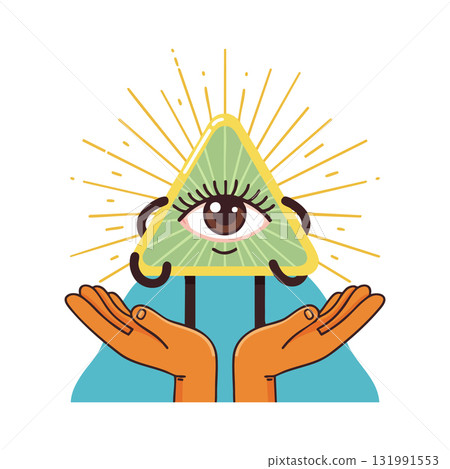 Eye in triangle symbol with glowing rays held by hands vector illustration 131991553