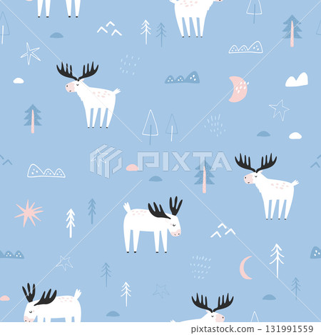 Cute Moose Seamless Pattern. Nordic Forest and Sky Print 131991559