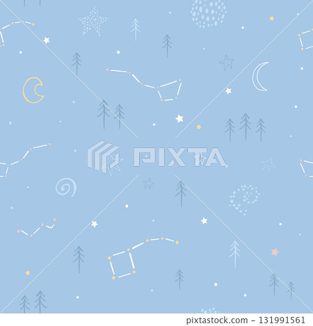 Cute Constellation Seamless Pattern. Nordic Sky Background Cute Constellation Seamless Pattern. Nordic Sky Background 131991561