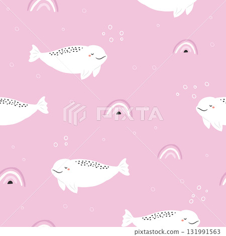 Cute Beluga Whale Seamless Pattern on Pink Background for Kids Cute Beluga Whale Seamless Pattern on Pink Background for Kids 131991563