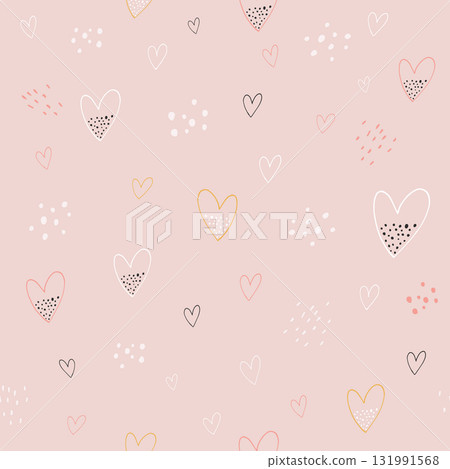 Cute Hand-Drawn Heart Seamless Pattern on Pink Background 131991568