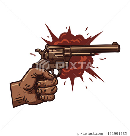 Hand Holding Revolver Firing with Red Explosion Background Vector Illustration Weapon Design Hand Holding Revolver Firing with Red Explosion Background Vector Illustration Weapon Design 131991585