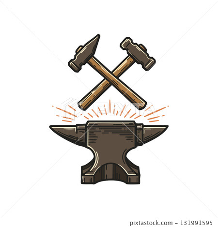 Blacksmith anvil with crossed hammer and sledgehammer vector illustration for metalworking design 131991595