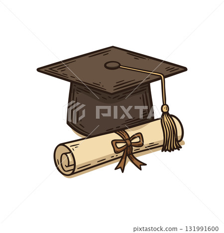 Graduation cap and diploma scroll hand drawn education achievement symbols vector illustration 131991600