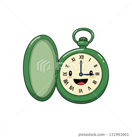 Green pocket watch with happy face cartoon style vector illustration Green pocket watch with happy face cartoon style vector illustration 131991601