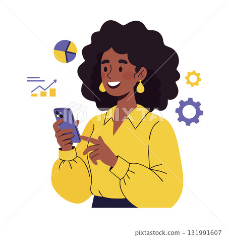 Woman using smartphone with business charts and gears illustration in yellow shirt vector 131991607