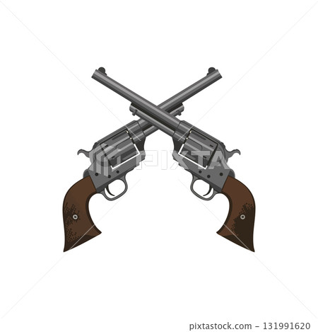 Crossed vintage revolver pistols with brown handles vector illustration for western designs Crossed vintage revolver pistols with brown handles vector illustration for western designs 131991620