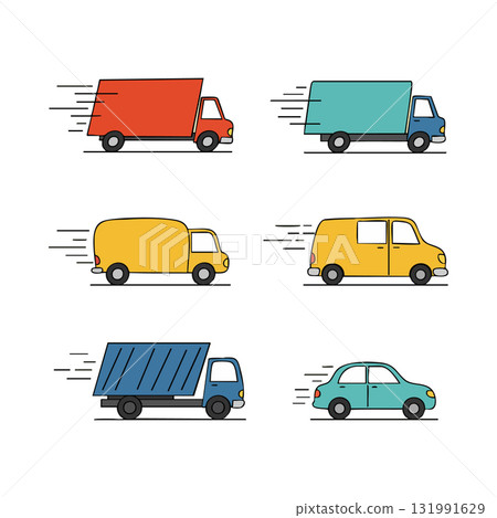 Delivery trucks and car vector illustration with red blue yellow colors moving fast 131991629