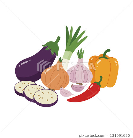Fresh vegetables eggplant onion garlic chili pepper and yellow bell pepper vector illustration Fresh vegetables eggplant onion garlic chili pepper and yellow bell pepper vector illustration 131991630