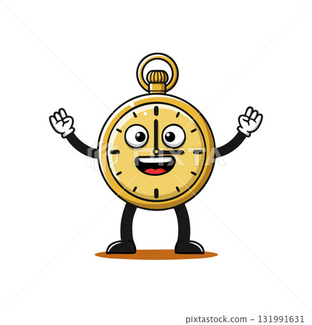 Pocket watch cartoon character smiling and waving with gold color vector illustration 131991631