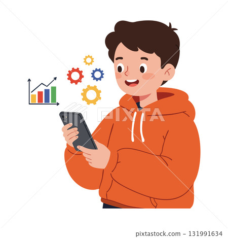 Boy in orange hoodie using smartphone with colorful graph and gears vector illustration 131991634
