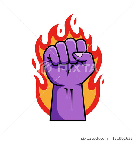 Purple Fist Raised with Red and Orange Flames Vector Illustration Symbolizing Power and Strength 131991635