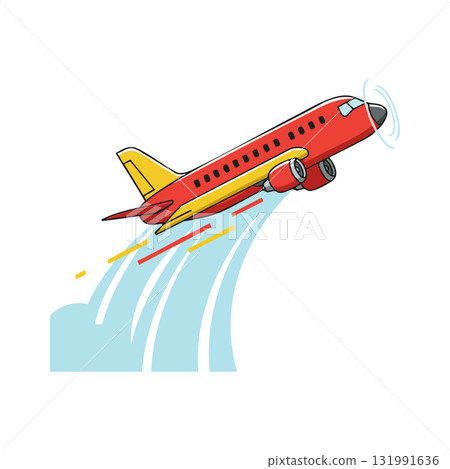 Red and Yellow Airplane Taking Off with Blue Trail Vector Illustration 131991636
