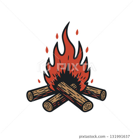 Campfire with burning logs vector illustration in warm orange and black colors 131991637
