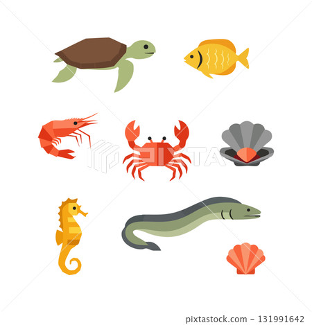 Marine Animals Vector Set with Turtle Fish Crab Shrimp Seahorse and Shells Illustration 131991642