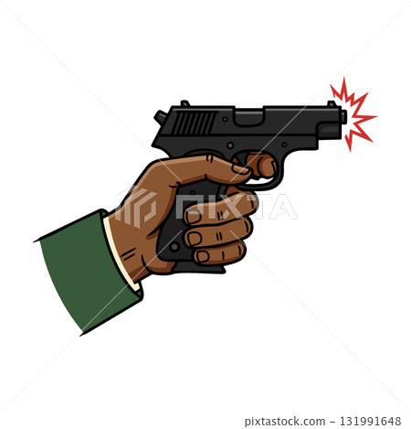 Hand holding firing black handgun with flash vector illustration design 131991648