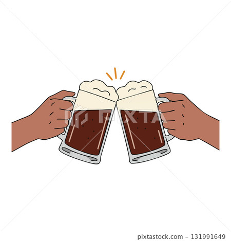 Beer Toast Cheers with Two Hands Holding Glass Mugs Filled with Dark Beer Vector Illustration Beer Toast Cheers with Two Hands Holding Glass Mugs Filled with Dark Beer Vector Illustration 131991649