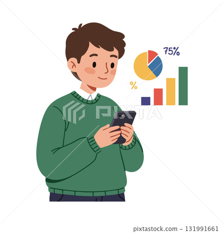 Young man analyzing data charts on smartphone with colorful graphs vector illustration Young man analyzing data charts on smartphone with colorful graphs vector illustration 131991661
