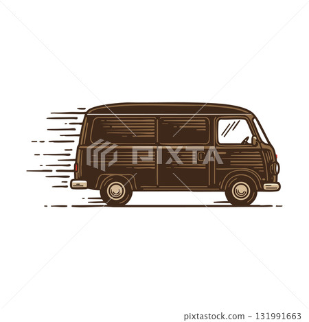 Vintage brown delivery van speeding on white background vector illustration 131991663