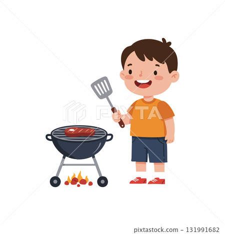 Boy cooking barbecue steak on grill outdoor summer casual lifestyle vector illustration 131991682
