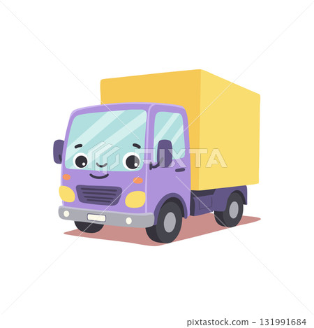 Cute purple and yellow delivery truck cartoon character vector illustration Cute purple and yellow delivery truck cartoon character vector illustration 131991684