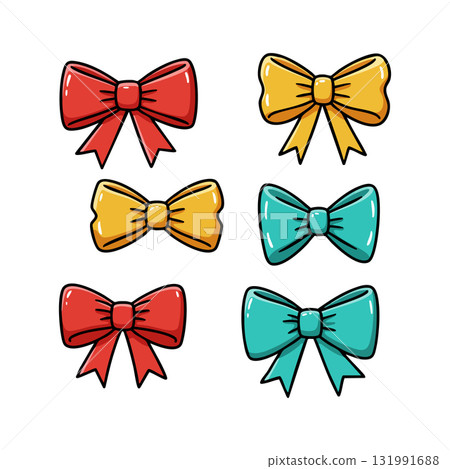 Colorful red yellow and teal bow ties collection vector illustration set 131991688