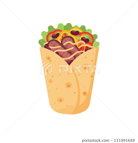 Burrito filled with grilled meat vegetables and fresh greens vector illustration 131991689