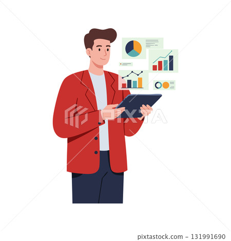 Man analyzing business charts on tablet with red jacket and data visualization Man analyzing business charts on tablet with red jacket and data visualization 131991690