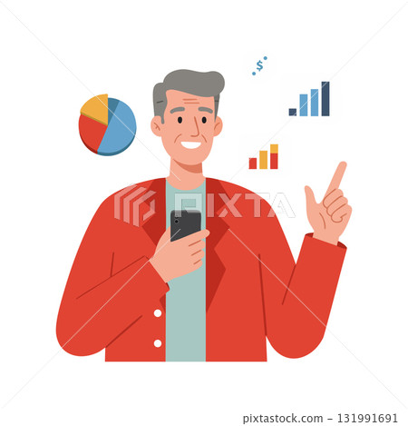 Man holding smartphone analyzing colorful business charts and graphs vector illustration Man holding smartphone analyzing colorful business charts and graphs vector illustration 131991691