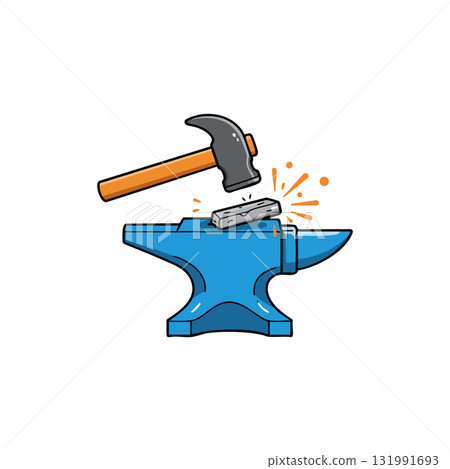 Hammer hitting metal on blue anvil with sparks vector illustration Hammer hitting metal on blue anvil with sparks vector illustration 131991693