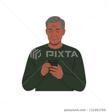 Middle aged man using smartphone in green sweater digital vector illustration portrait 131991709