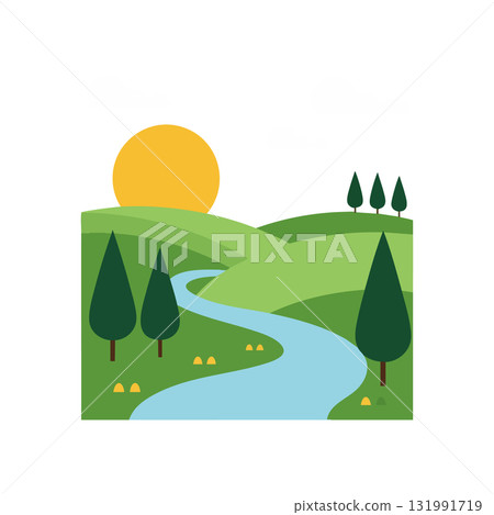 River flowing through green hills with sun and pine trees vector illustration River flowing through green hills with sun and pine trees vector illustration 131991719