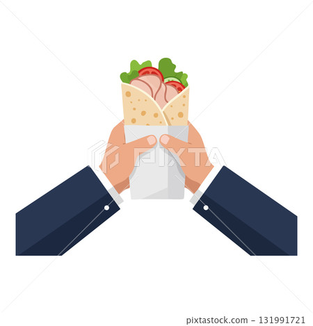 Hands Holding Fresh Wrap Sandwich with Lettuce and Tomato Vector Illustration 131991721