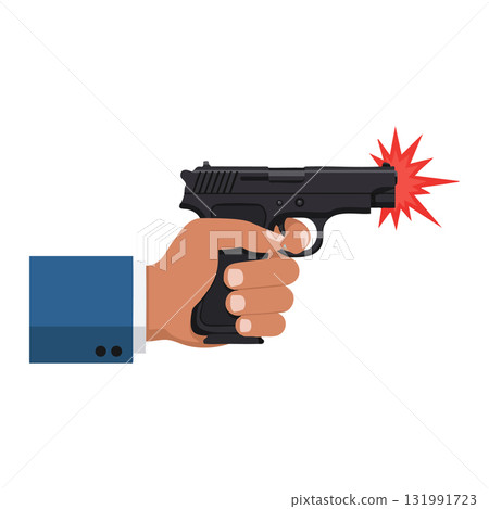 Hand Holding Black Pistol Firing with Red Muzzle Flash Vector Illustration 131991723