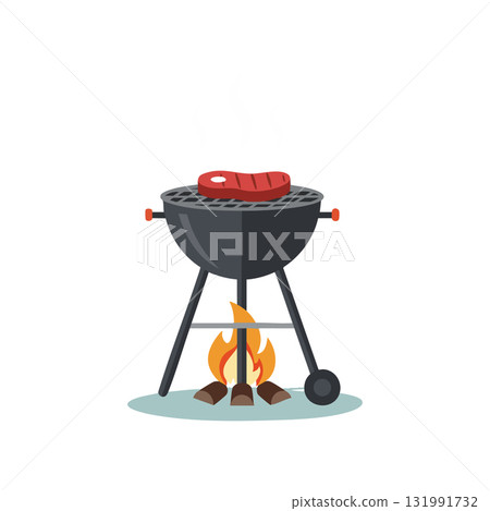 Charcoal grill with red steak cooking over fire vector illustration for barbecue and outdoor cooking Charcoal grill with red steak cooking over fire vector illustration for barbecue and outdoor cooking 131991732