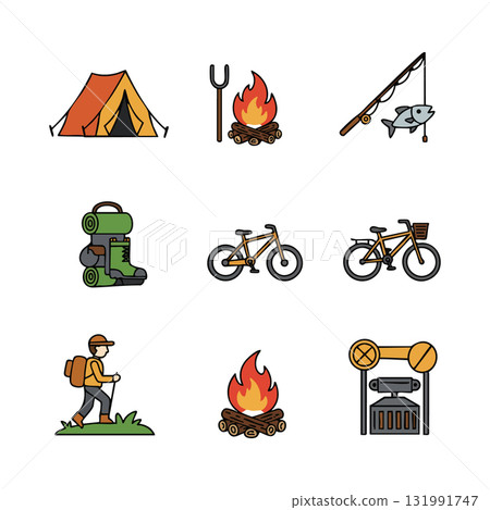Camping equipment and outdoor adventure icons with bicycles and campfire vector set Camping equipment and outdoor adventure icons with bicycles and campfire vector set 131991747