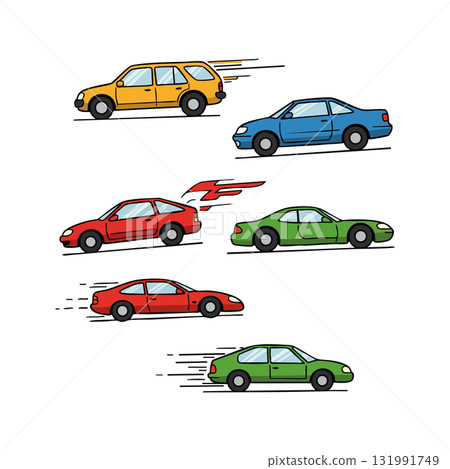 Colorful fast moving cars vector illustration in red green blue and yellow designs 131991749
