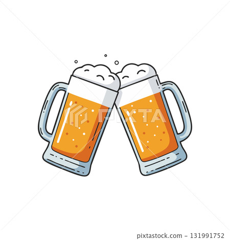 Beer mugs clinking cheers celebration vector illustration with foam and bubbles Beer mugs clinking cheers celebration vector illustration with foam and bubbles 131991752