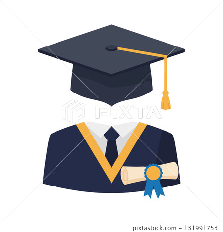 Graduation cap gown diploma with blue ribbon and yellow tassel vector illustration Graduation cap gown diploma with blue ribbon and yellow tassel vector illustration 131991753